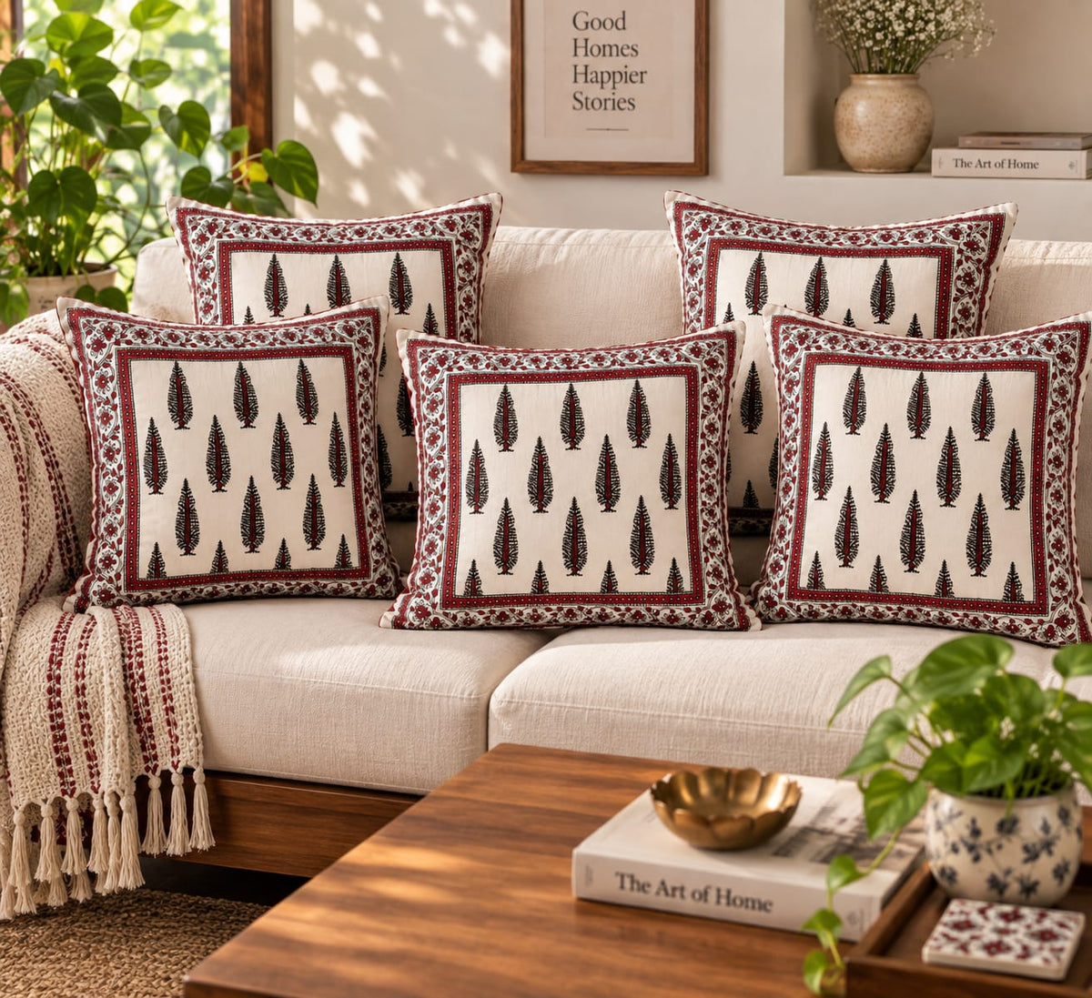 ChapaSsyahii Cushion Cover Set of 5 - Red Cypress, set of 5 on sofa