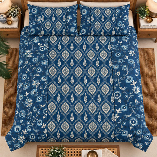 ChapaSsyahii Ajrakh Mix and Match Bedsheet Set - Blue Trellis, full bed shot