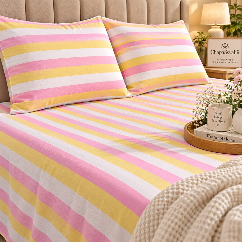 Blush Pink & Yellow Multistripe Handloom Bedsheet Set - ChapaSsyahii