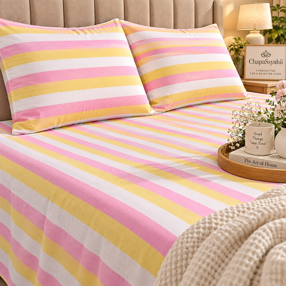 Blush Pink & Yellow Multistripe Handloom Bedsheet Set - ChapaSsyahii