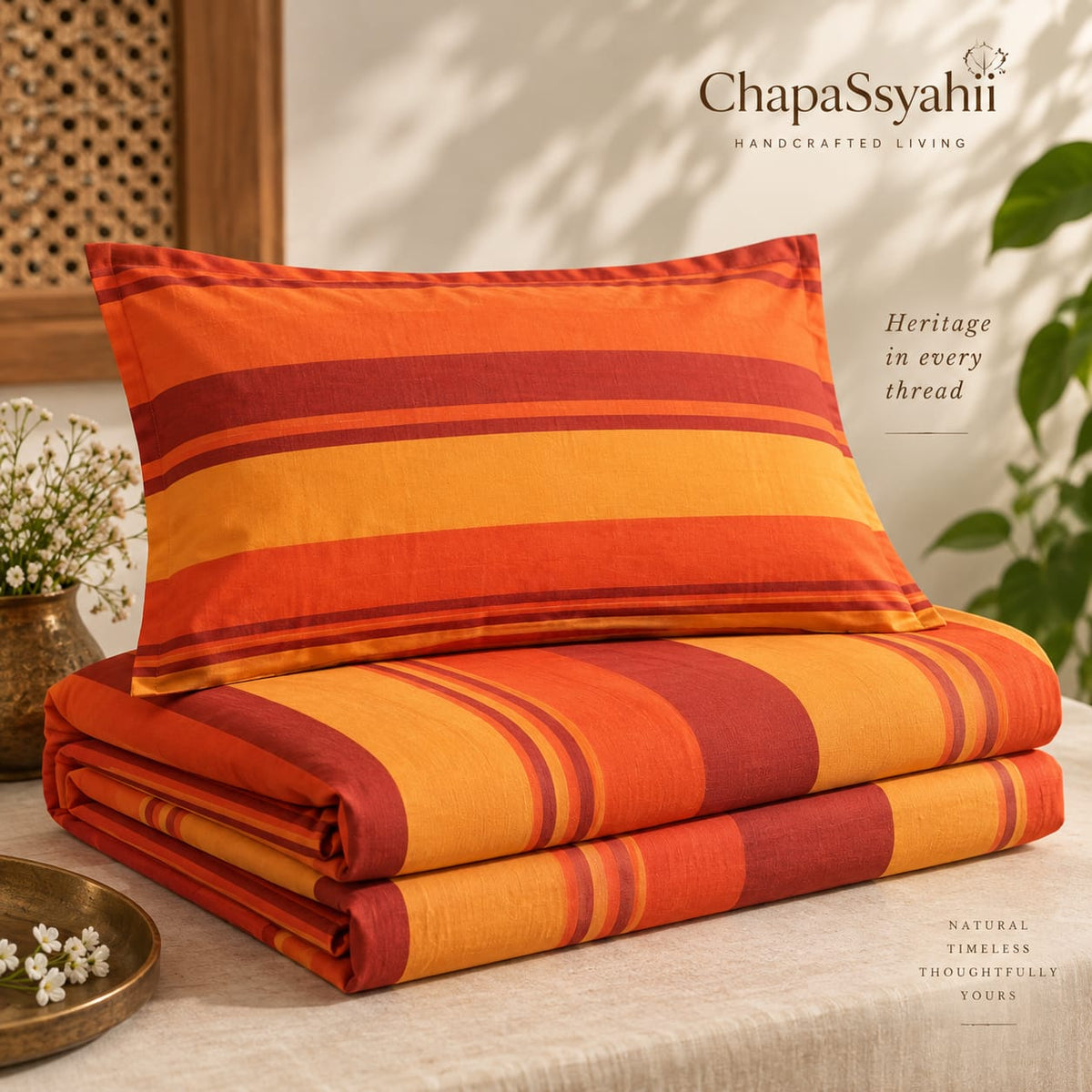 Rustic Orange & Maroon Multistripe Handloom Bedsheet Set - ChapaSsyahii