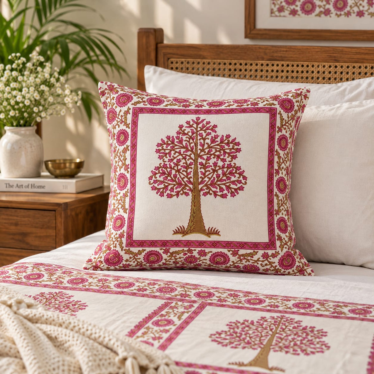 ChapaSsyahii Cushion Cover Set of 5 - Pink Tree of Life, bed lifestyle