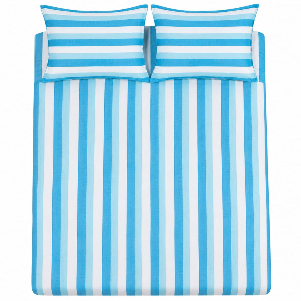 Turquoise Blue & White Multistripe Handloom Bedsheet Set - ChapaSsyahii