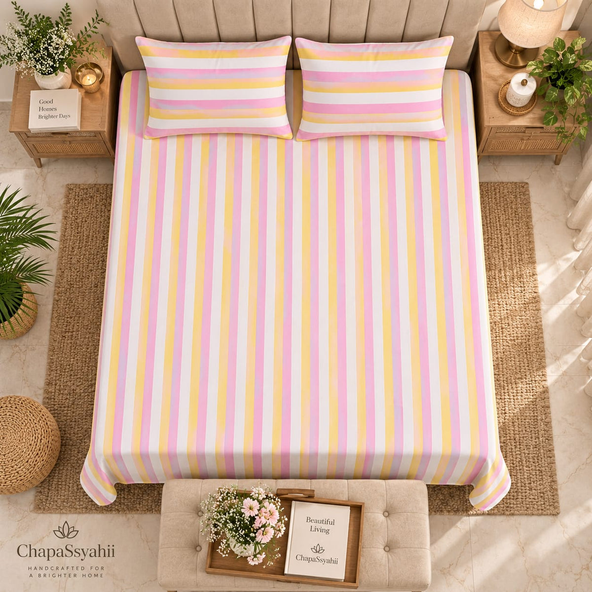 Blush Pink & Yellow Multistripe Handloom Bedsheet Set - ChapaSsyahii