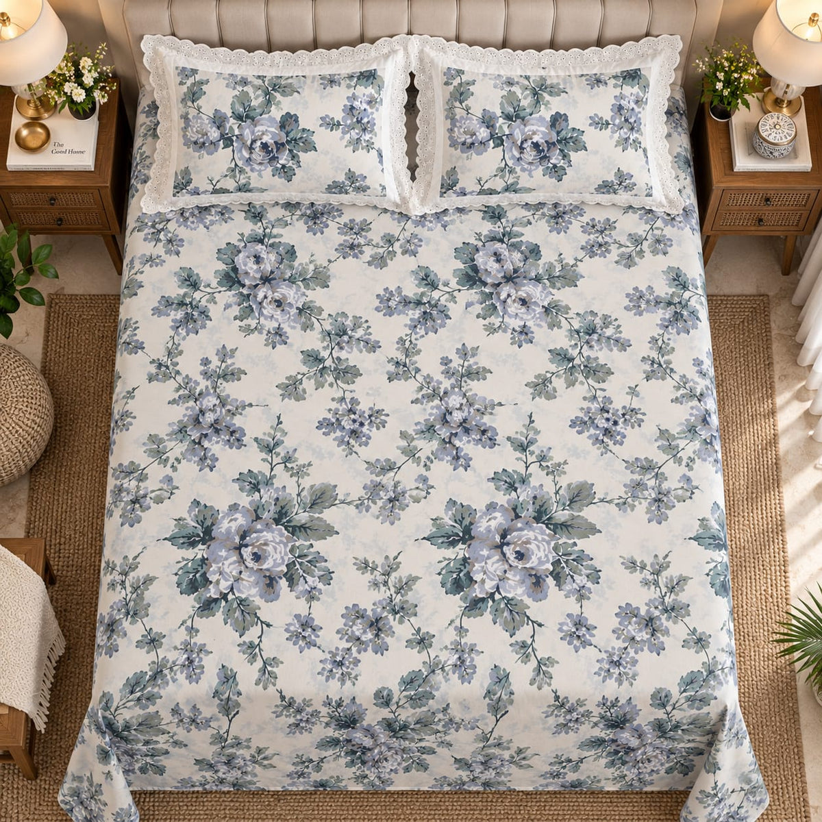 Cotswold Dove Rose - Cotton King Size Bedsheet - ChapaSSyahii - full bed top view