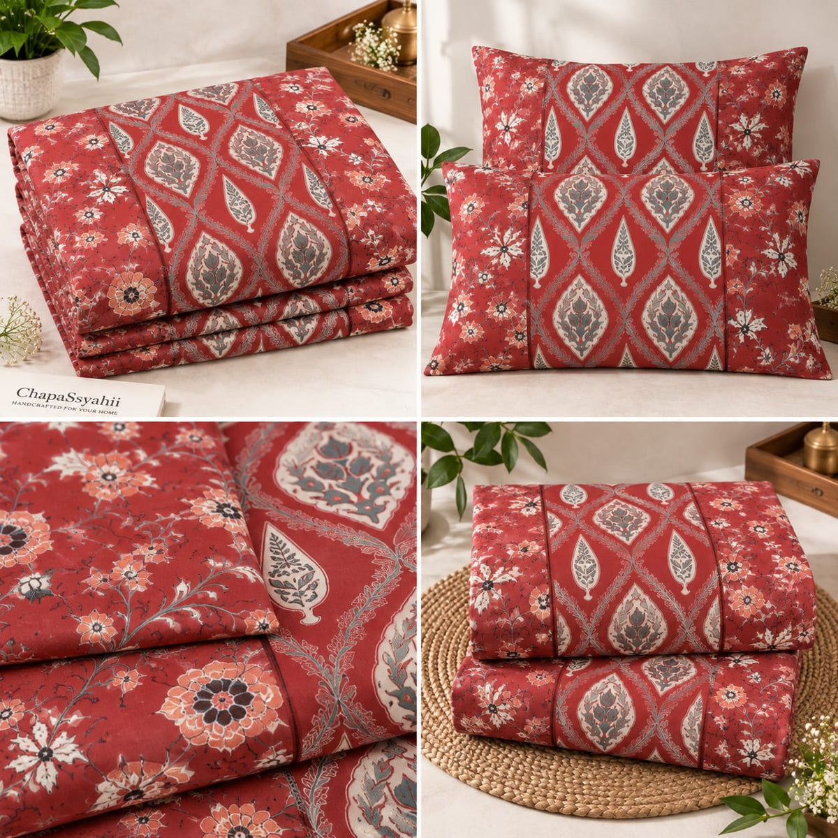 ChapaSsyahii Ajrakh Mix and Match Bedsheet Set - Red Floral, styled on bed close-up
