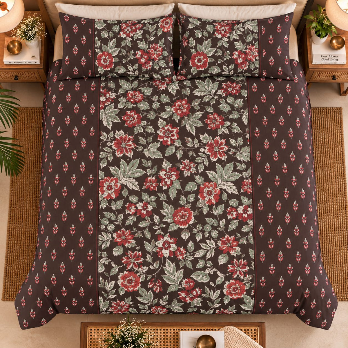 ChapaSsyahii Ajrakh Mix and Match Bedsheet Set - Brown Floral, styled on bed