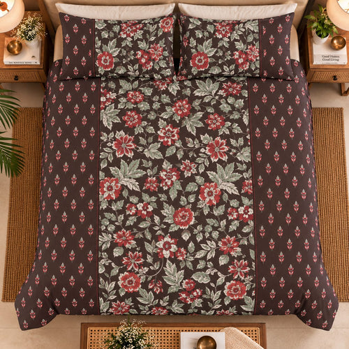 ChapaSsyahii Ajrakh Mix and Match Bedsheet Set - Brown Floral, styled on bed
