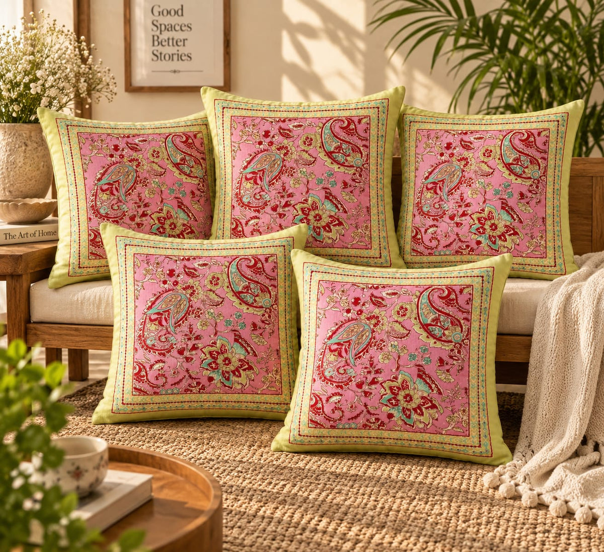ChapaSsyahii Cushion Cover Set of 5 - Pink Paisley Garden, set of 5