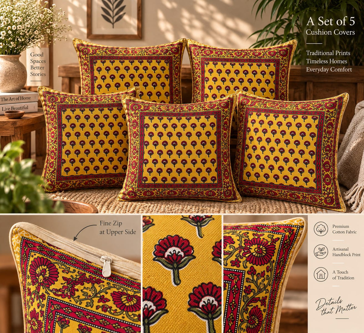ChapaSsyahii Cushion Cover Set of 5 - Mustard Fan Buti, set of 5 with details