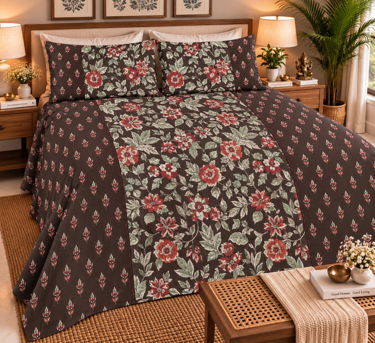 ChapaSsyahii Ajrakh Mix and Match Bedsheet Set - Red Floral, styled on bed wide shot