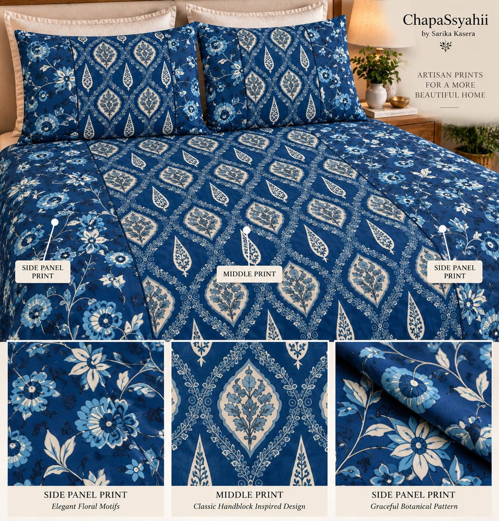 ChapaSsyahii Ajrakh Mix and Match Bedsheet Set - Navy Rose Floral, full bed shot