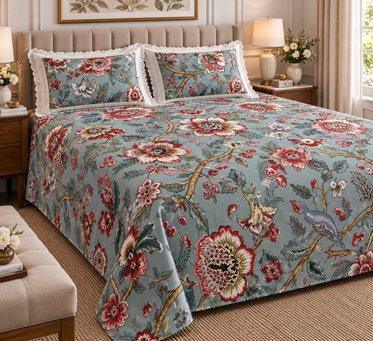 Balmoral Teal Bird Bloom - Cotton King Size Bedsheet - ChapaSSyahii - King Size Bedsheet - ChapaSsyahii