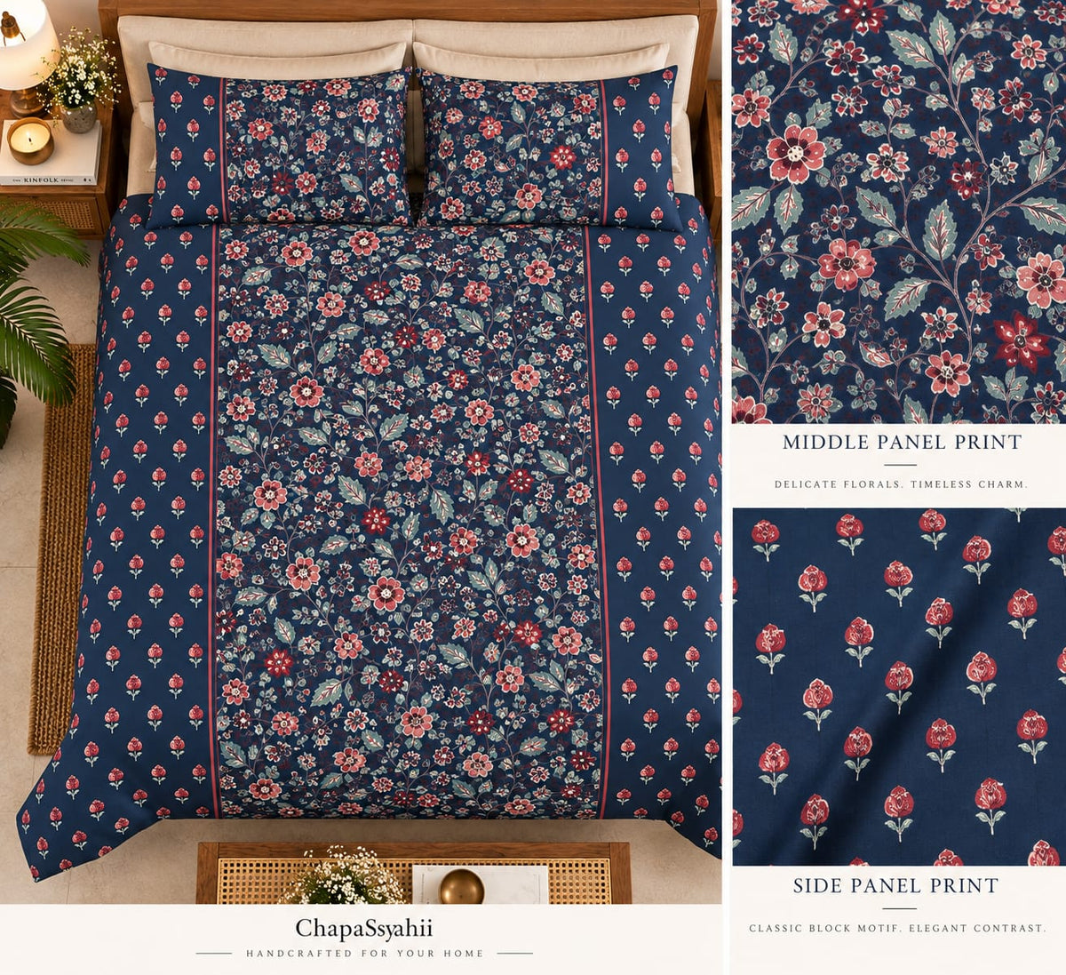 ChapaSsyahii Ajrakh Mix and Match Bedsheet Set - Navy Rose Floral, styled panel detail