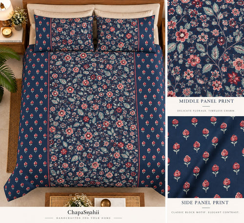 ChapaSsyahii Ajrakh Mix and Match Bedsheet Set - Navy Rose Floral, styled panel detail
