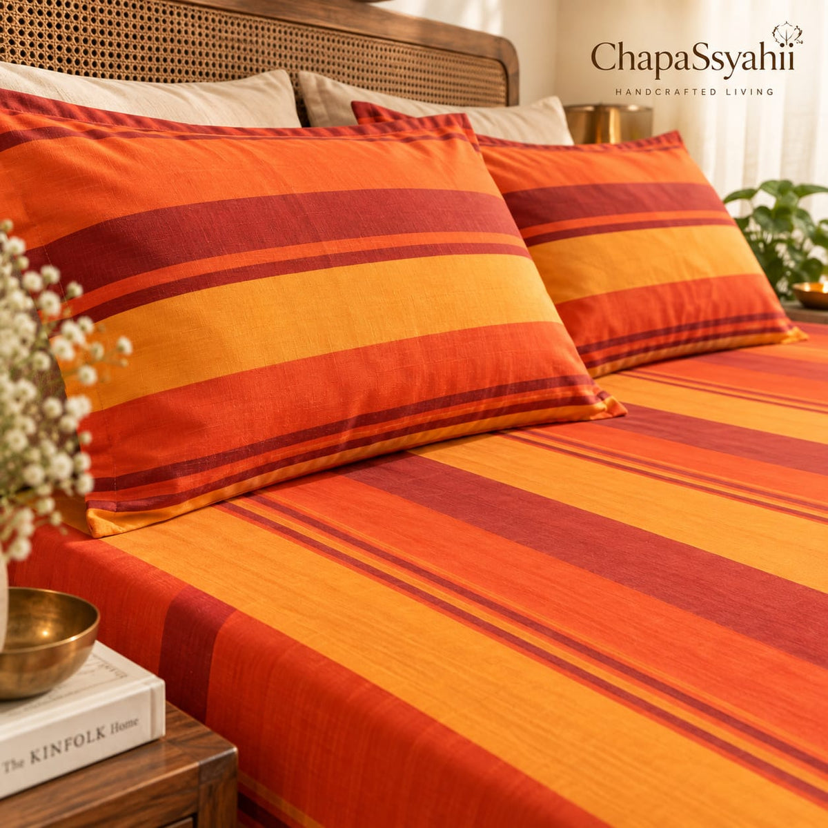 Rustic Orange & Maroon Multistripe Handloom Bedsheet Set - ChapaSsyahii