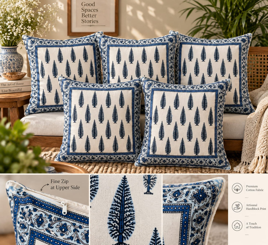 ChapaSsyahii Cushion Cover Set of 5 - Blue Cypress, set of 5 with print details