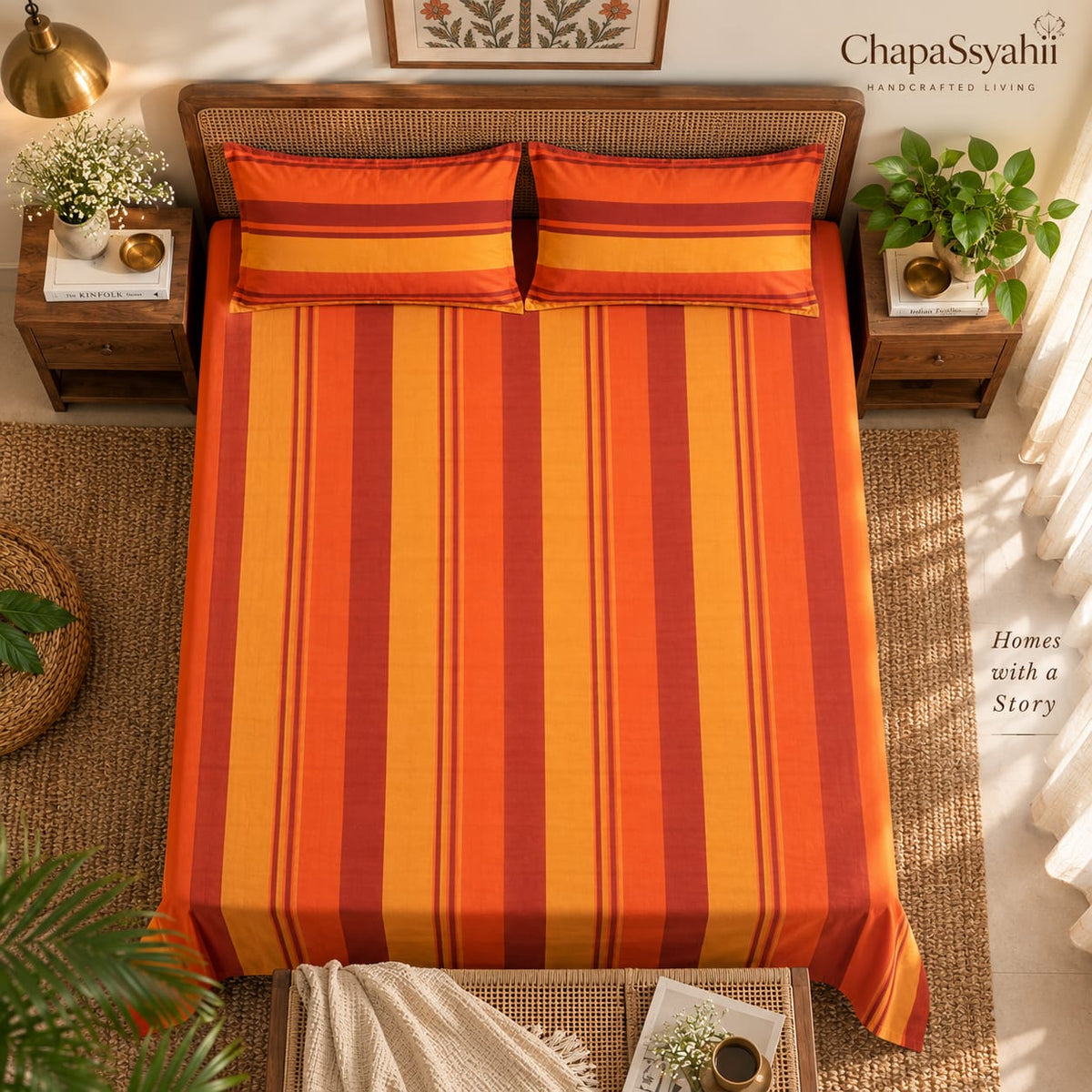 Rustic Orange & Maroon Multistripe Handloom Bedsheet Set - ChapaSsyahii