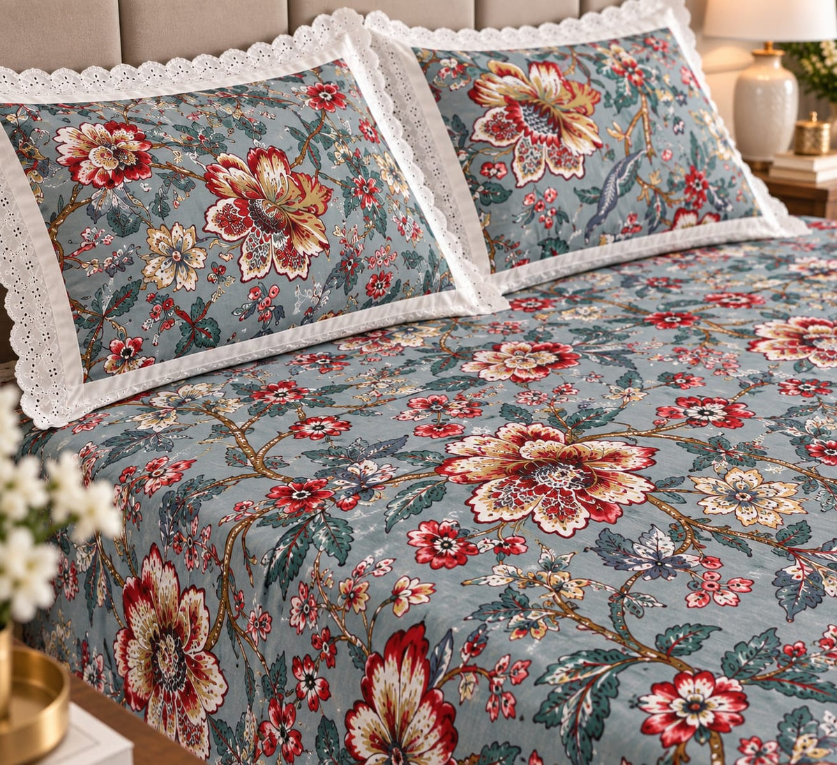 Balmoral Teal Bird Bloom - Cotton King Size Bedsheet - ChapaSSyahii - full bed top view