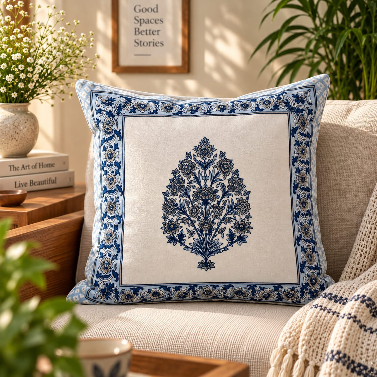 ChapaSsyahii Cushion Cover Set of 5 - Indigo Floral Bouquet, chair lifestyle