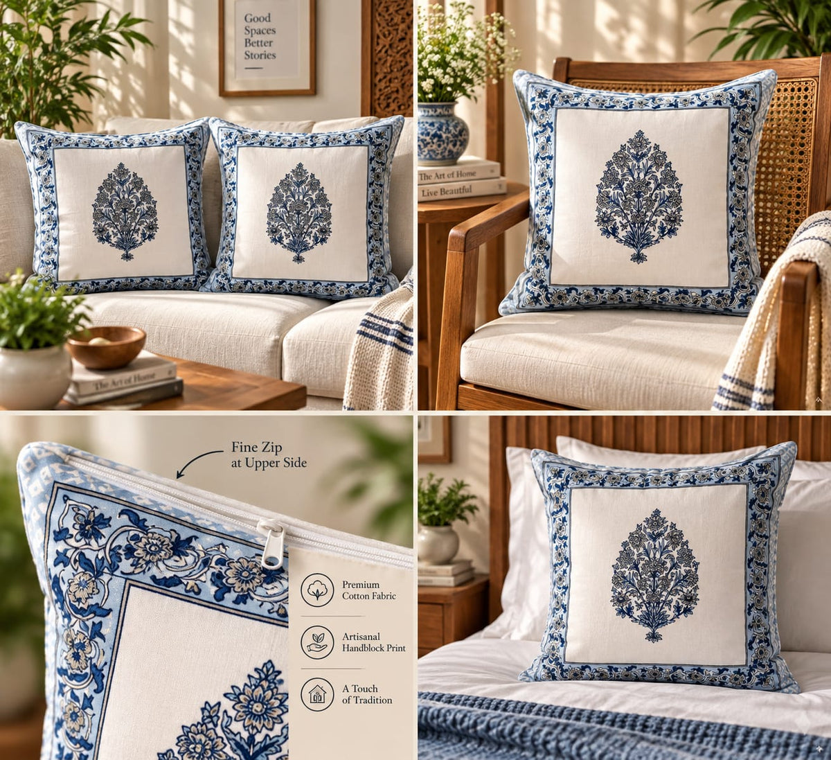 ChapaSsyahii Cushion Cover Set of 5 - Indigo Floral Bouquet, styled collage