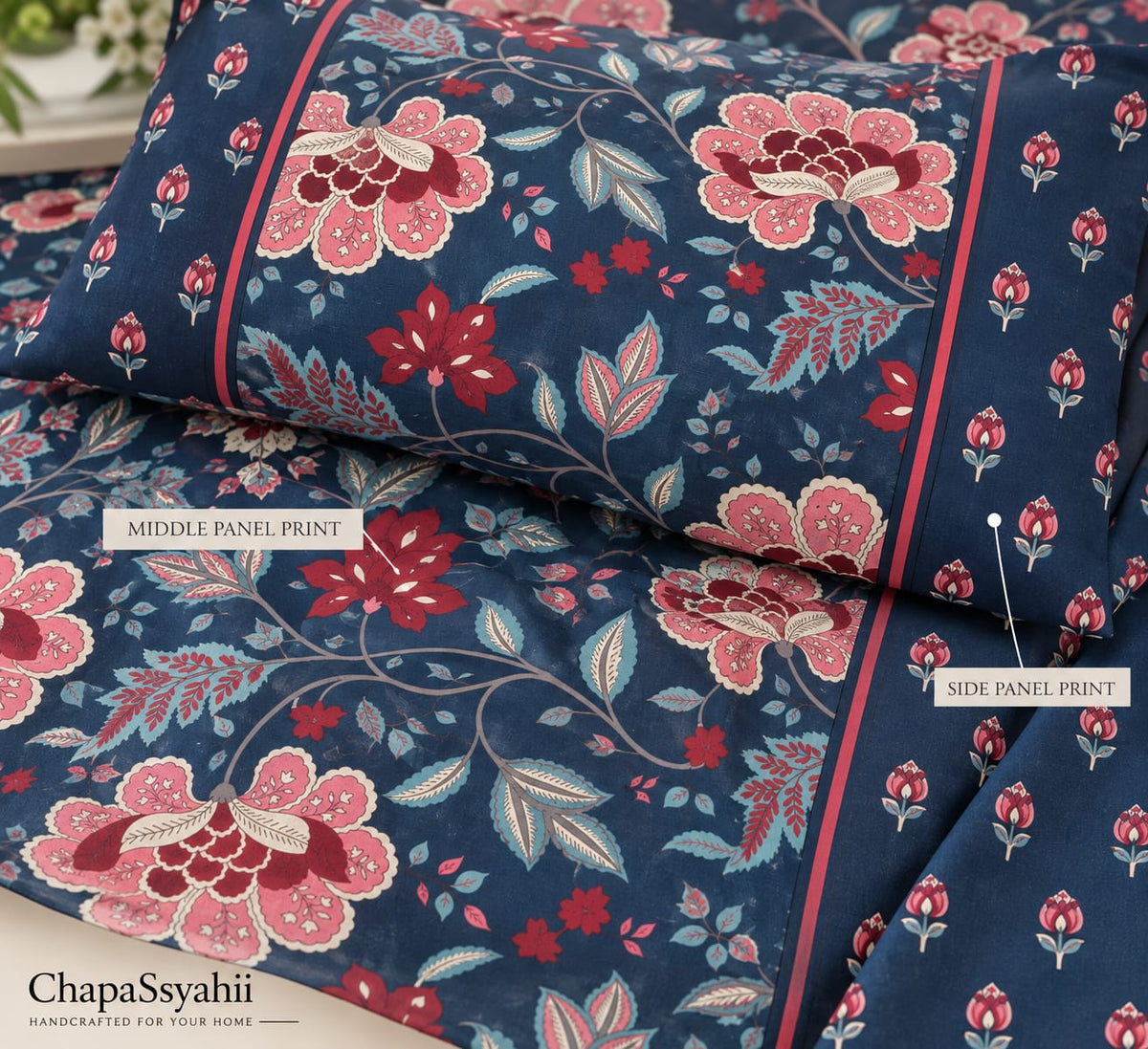 ChapaSsyahii Ajrakh Mix and Match Bedsheet Set - Navy Rose Floral, print detail close-up