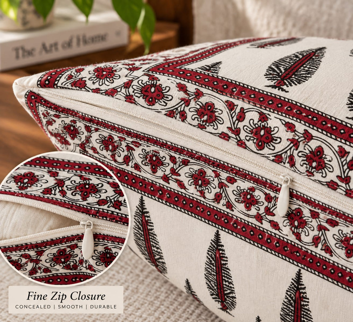 ChapaSsyahii Cushion Cover Set of 5 - Red Cypress, zip and border close-up