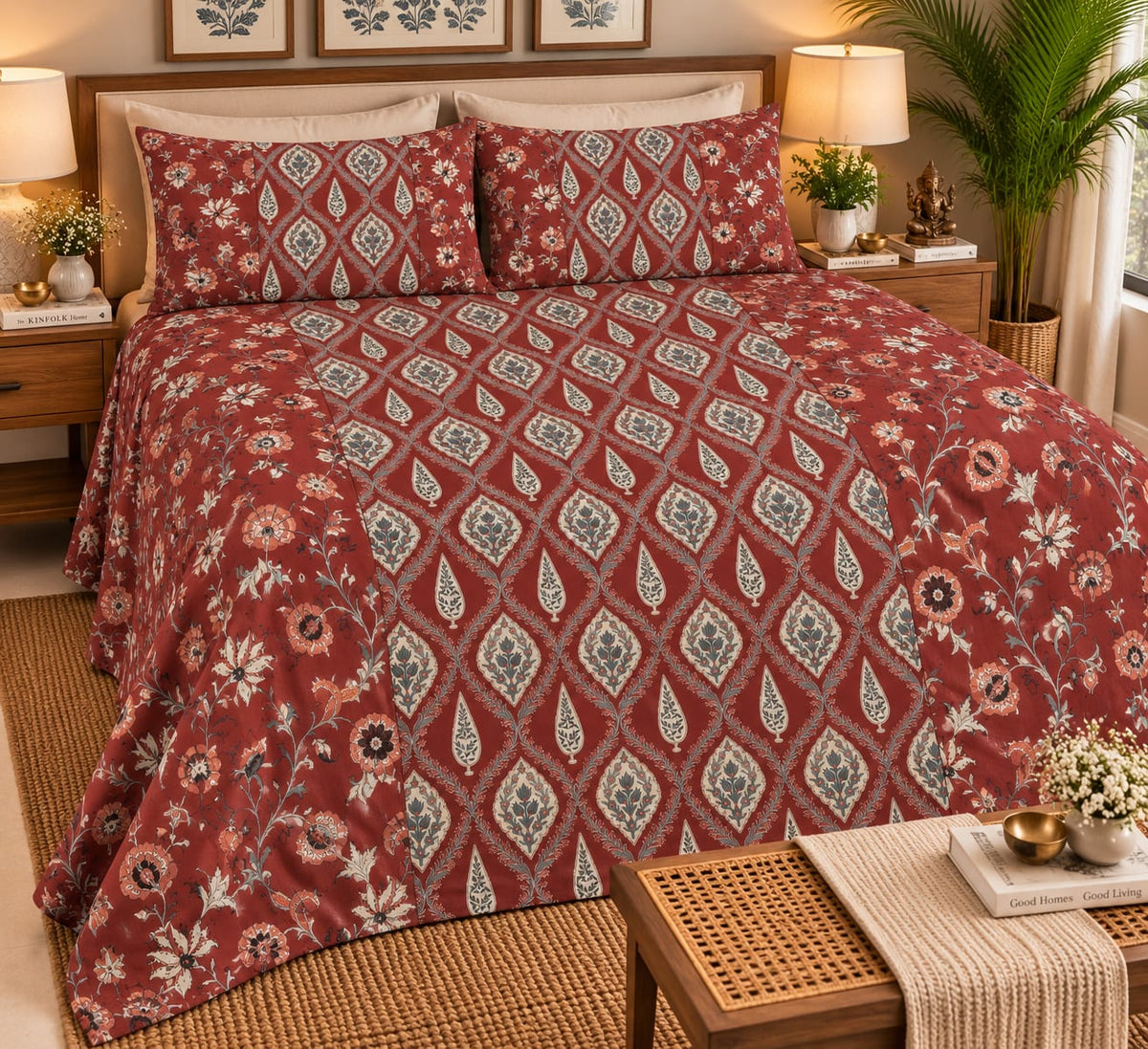 ChapaSsyahii Ajrakh Mix and Match Bedsheet Set - Maroon Trellis, styled on bed