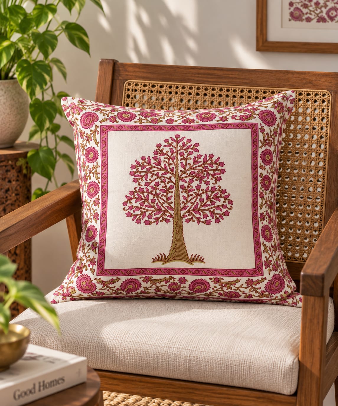 ChapaSsyahii Cushion Cover Set of 5 - Pink Tree of Life, chair lifestyle