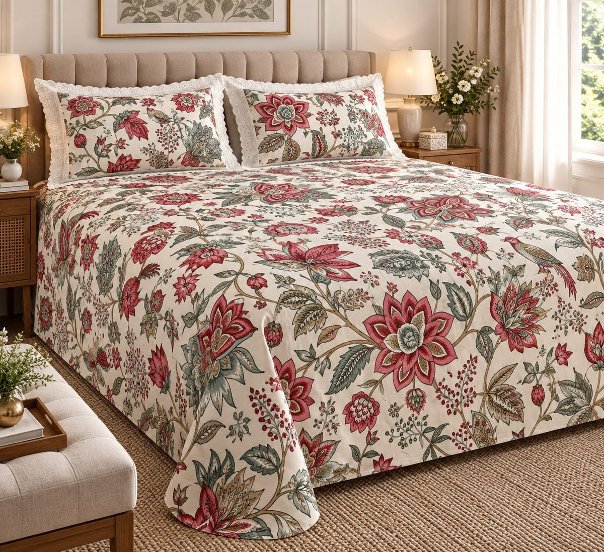 Sandringham Crimson Bird - Cotton King Size Bedsheet - ChapaSSyahii - King Size Bedsheet - ChapaSsyahii