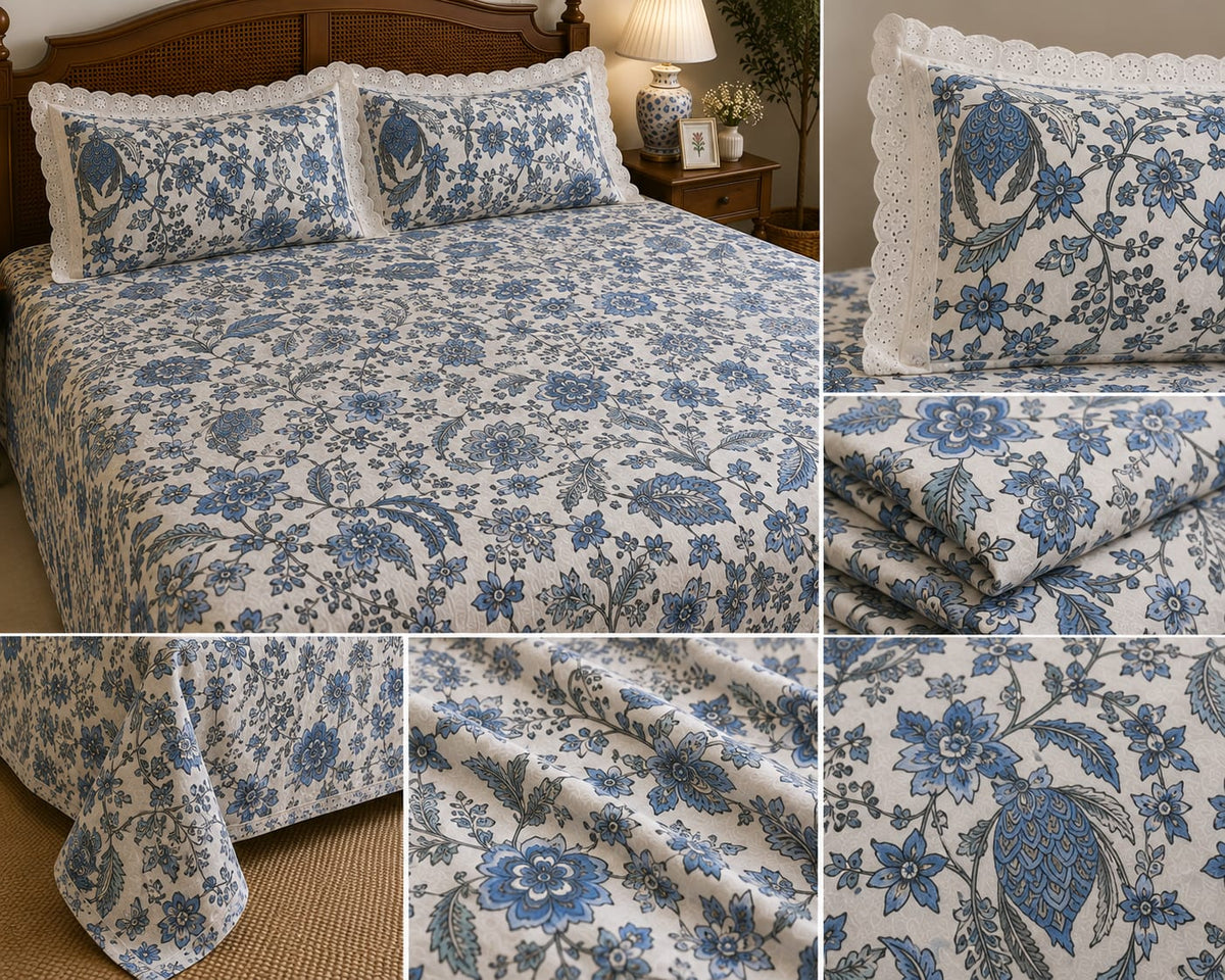 Canterbury Blue Bloom - Cotton King Size Bedsheet - ChapaSSyahii - detail view