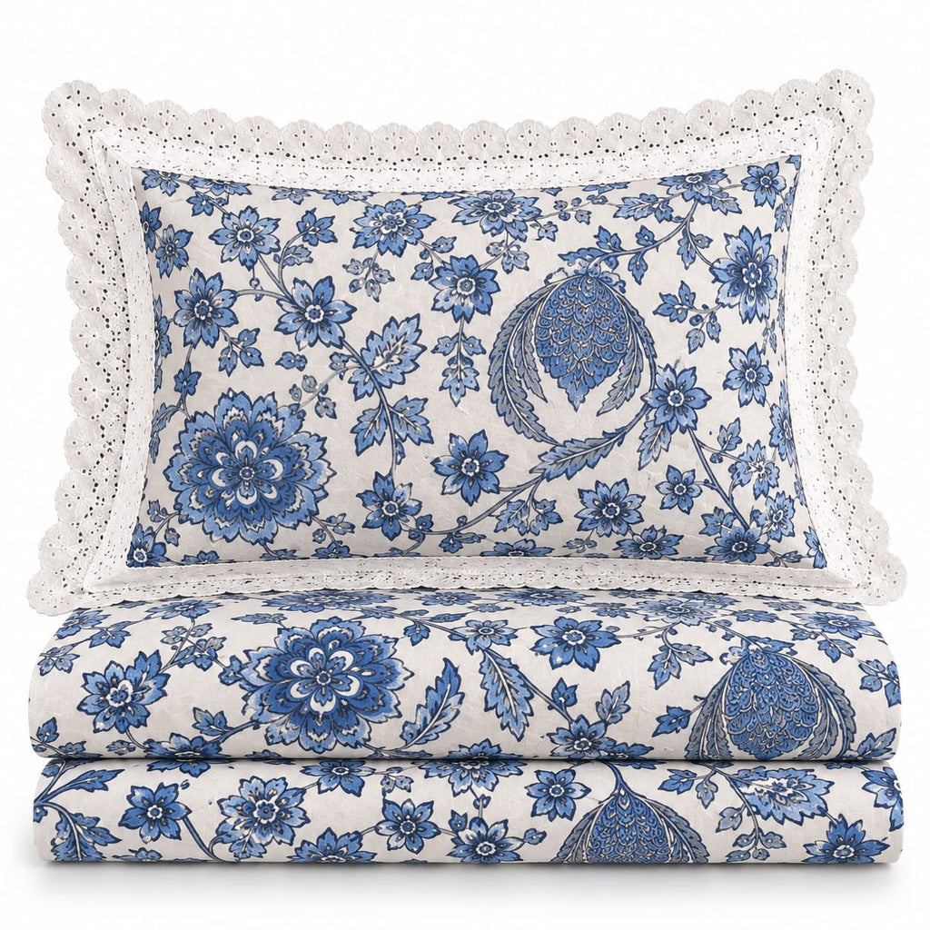 Canterbury Blue Bloom - Cotton King Size Bedsheet - ChapaSSyahii - pillow closeup