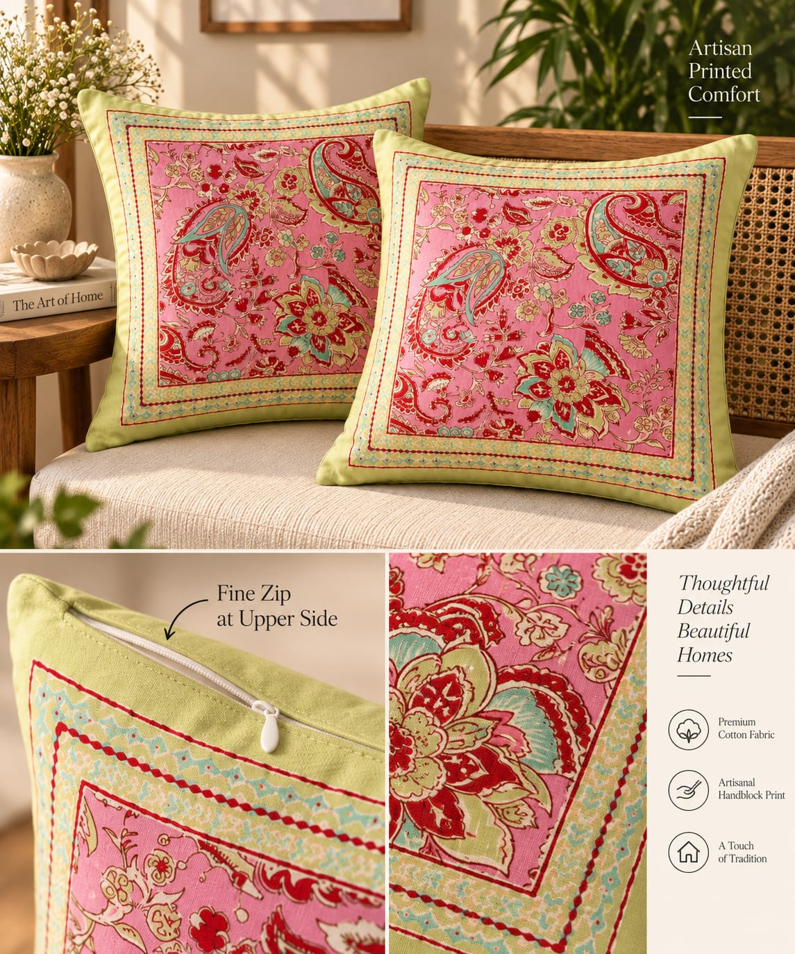 ChapaSsyahii Cushion Cover Set of 5 - Pink Paisley Garden, pair with zip close-up