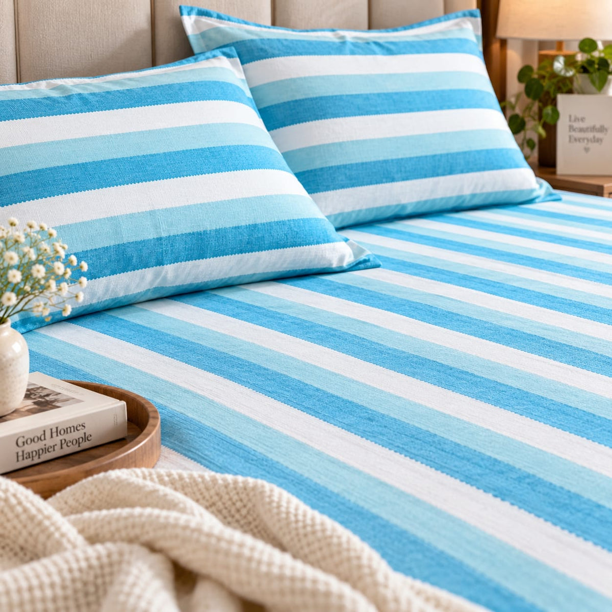 Turquoise Blue & White Multistripe Handloom Bedsheet Set - ChapaSsyahii