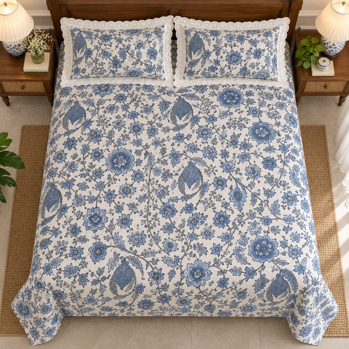 Canterbury Blue Bloom - Cotton King Size Bedsheet - ChapaSSyahii - full bed top view