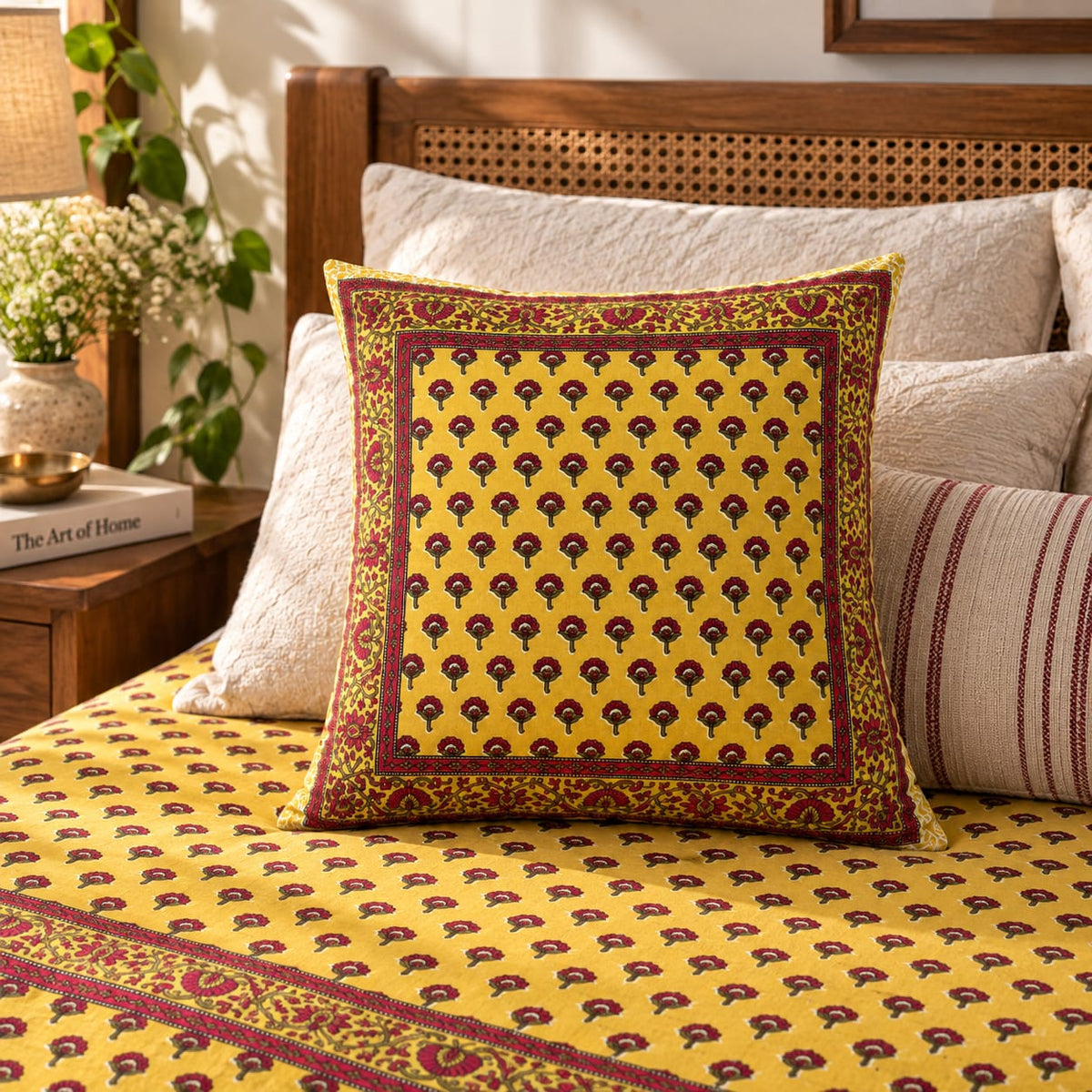 ChapaSsyahii Cushion Cover Set of 5 - Mustard Fan Buti, bed lifestyle