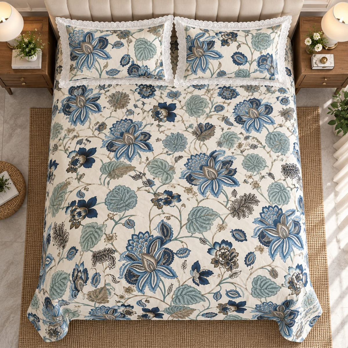 Chatsworth Jacobean Bloom - Cotton King Size Bedsheet - ChapaSSyahii - full bed top view