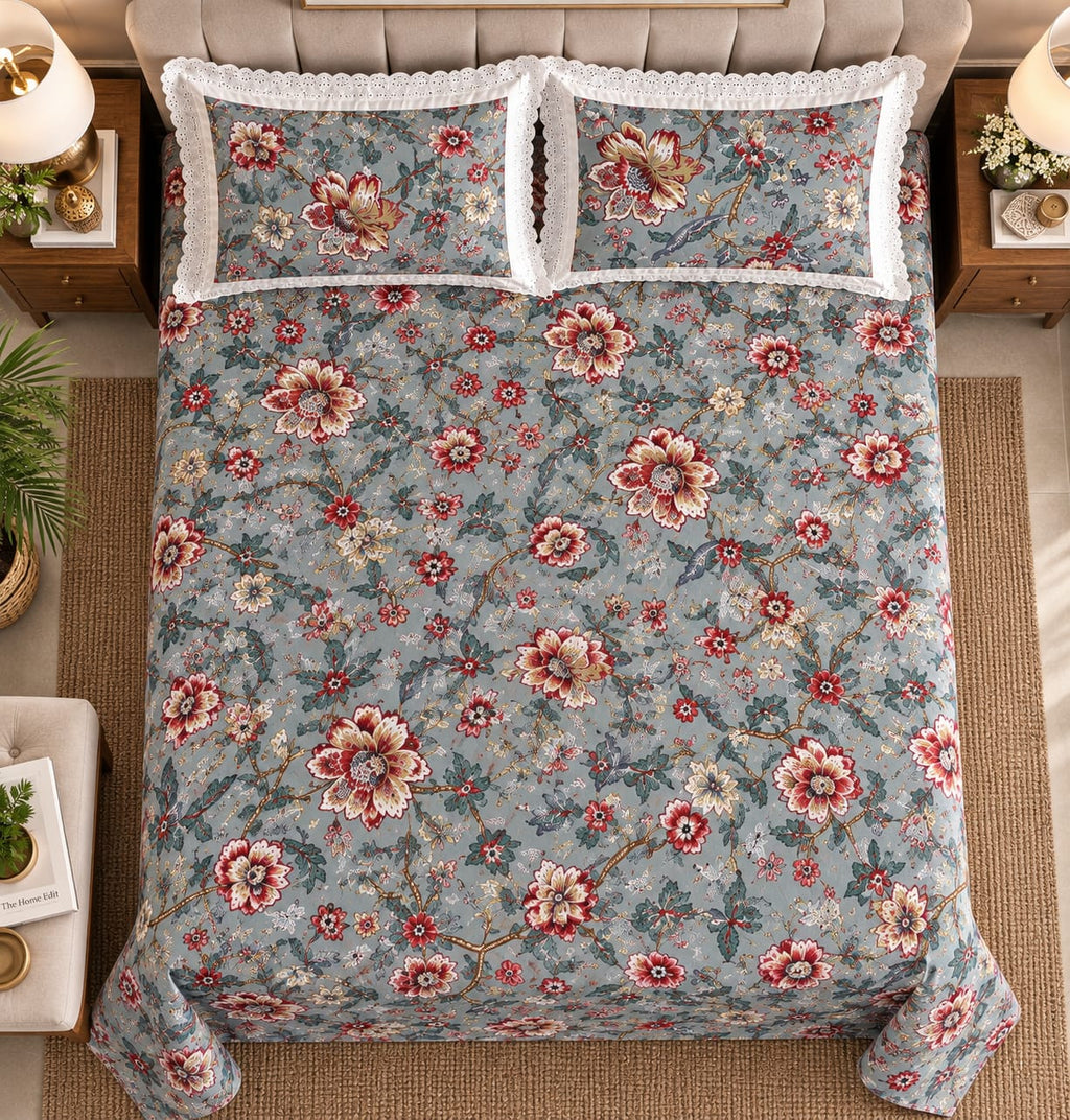 Balmoral Teal Bird Bloom - Cotton King Size Bedsheet - ChapaSSyahii - full bed top view 2