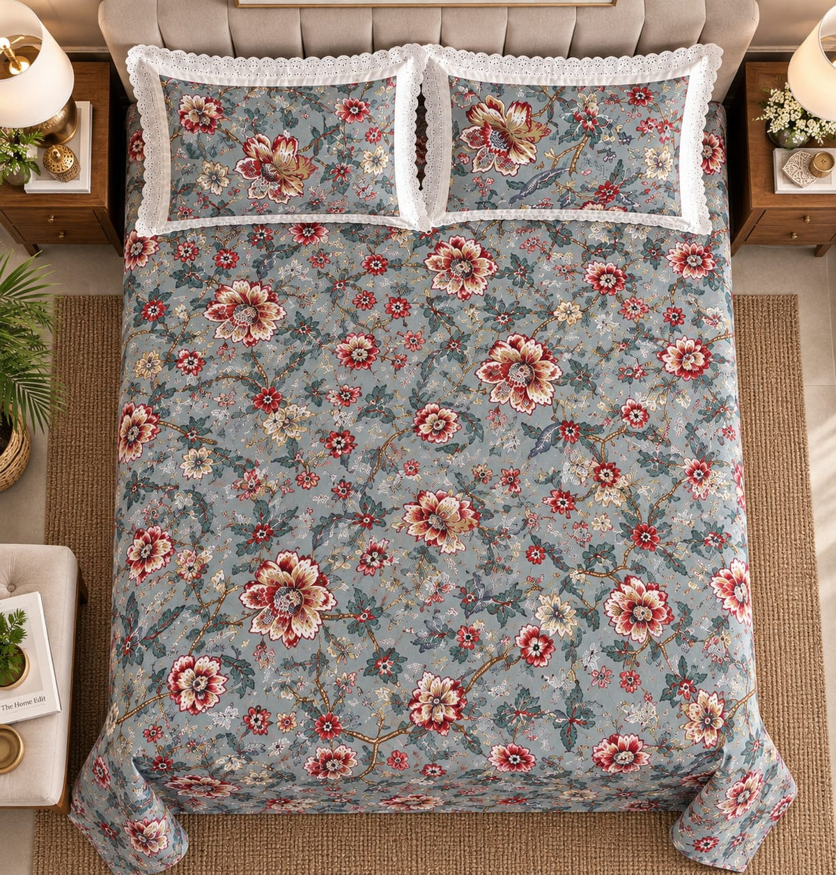 Balmoral Teal Bird Bloom - Cotton King Size Bedsheet - ChapaSSyahii - full bed top view 2