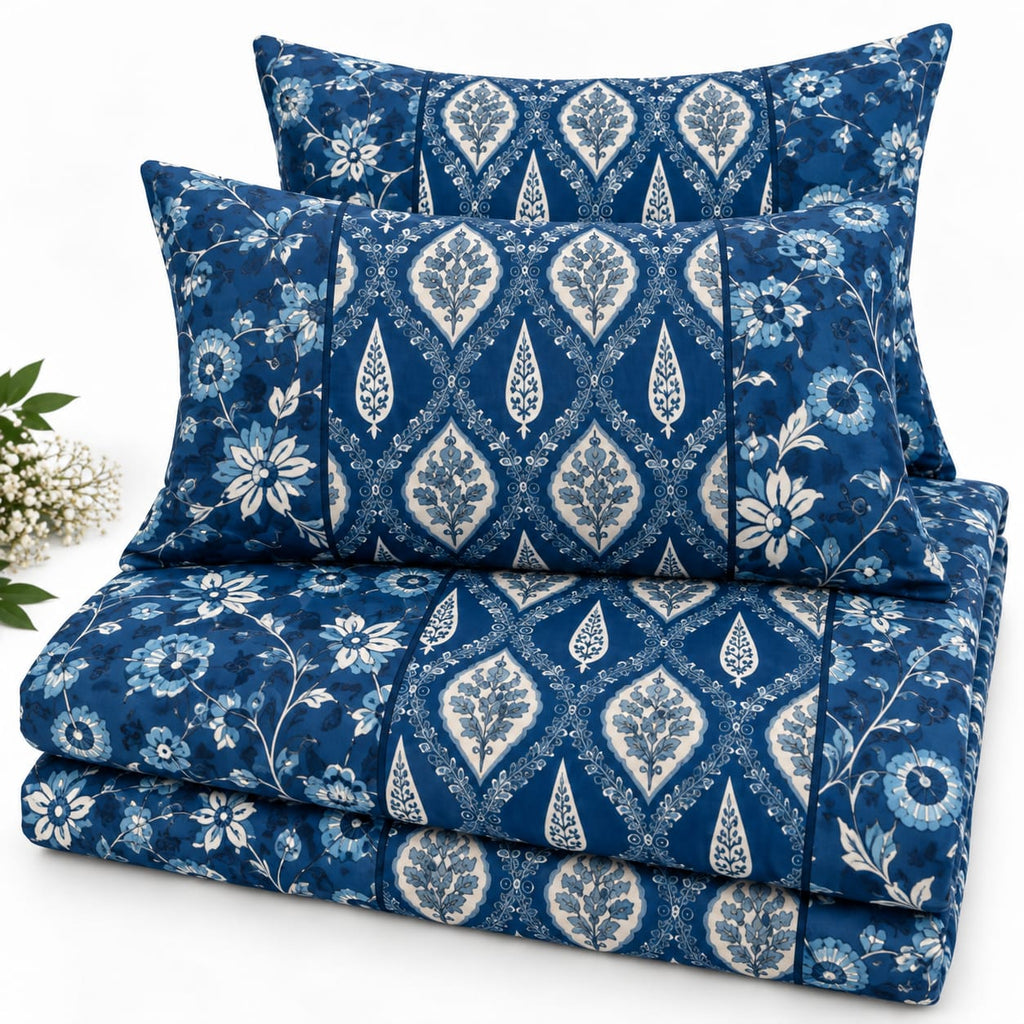 ChapaSsyahii Ajrakh Mix and Match Bedsheet Set - Blue Trellis, folded