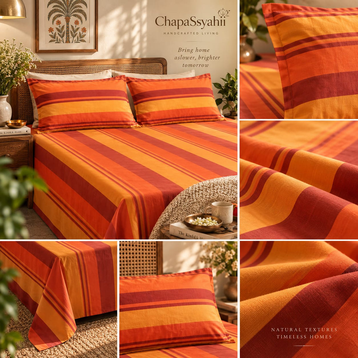 Rustic Orange & Maroon Multistripe Handloom Bedsheet Set - ChapaSsyahii