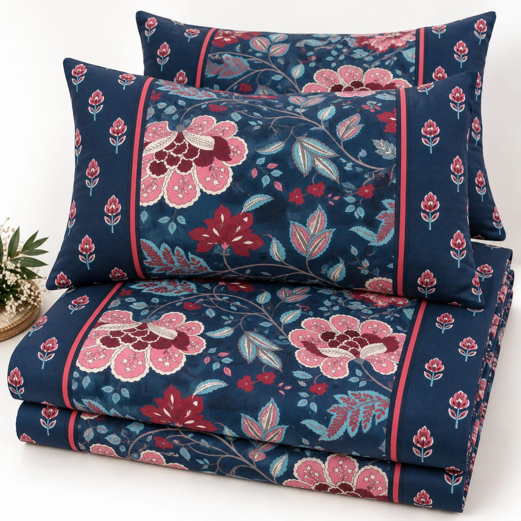 ChapaSsyahii Ajrakh Mix and Match Bedsheet Set - Navy Rose Floral, folded