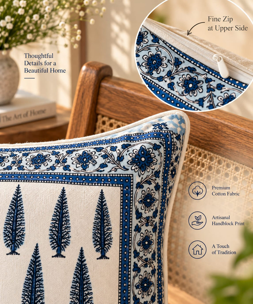 ChapaSsyahii Cushion Cover Set of 5 - Blue Cypress, zip and border close-up