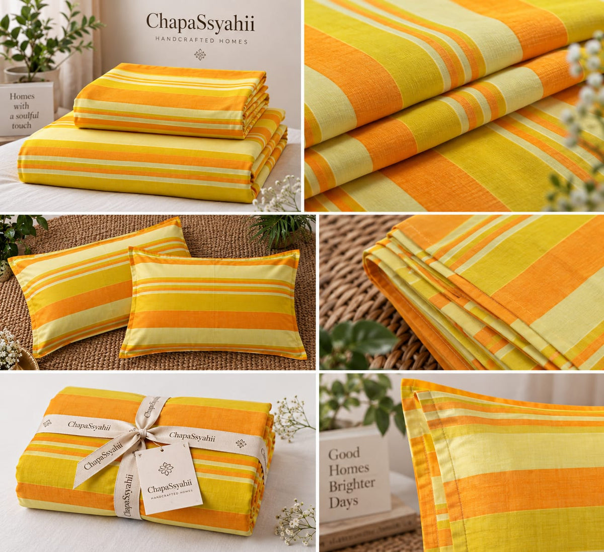 Golden Yellow & Orange Multistripe Handloom Bedsheet Set - ChapaSsyahii