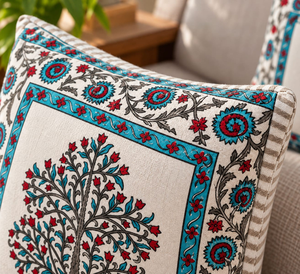 ChapaSsyahii Cushion Cover Set of 5 - Turquoise Tree of Life, border close-up