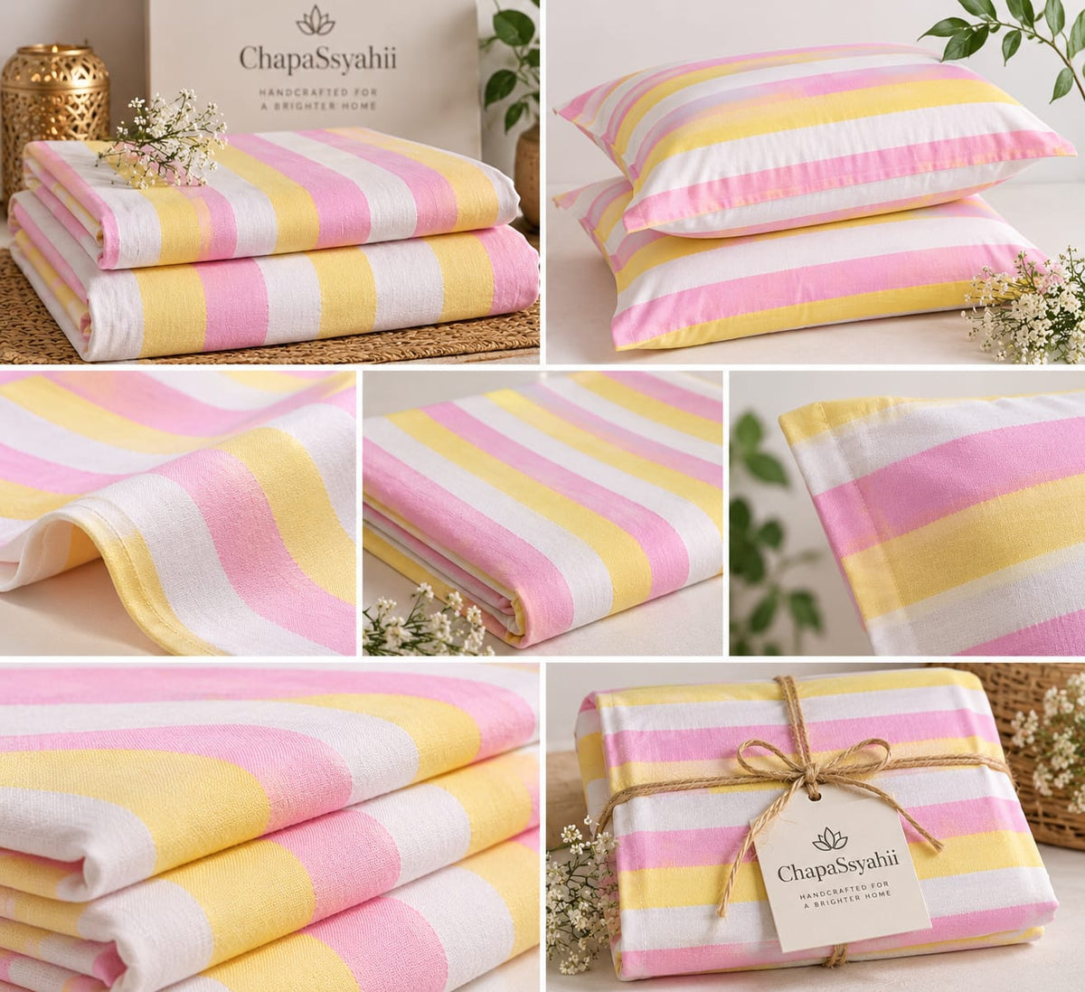 Blush Pink & Yellow Multistripe Handloom Bedsheet Set - ChapaSsyahii