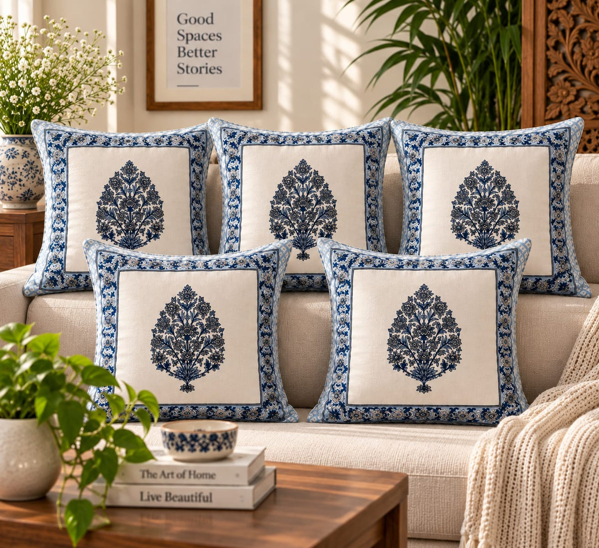 ChapaSsyahii Cushion Cover Set of 5 - Indigo Floral Bouquet, set of 5 on sofa