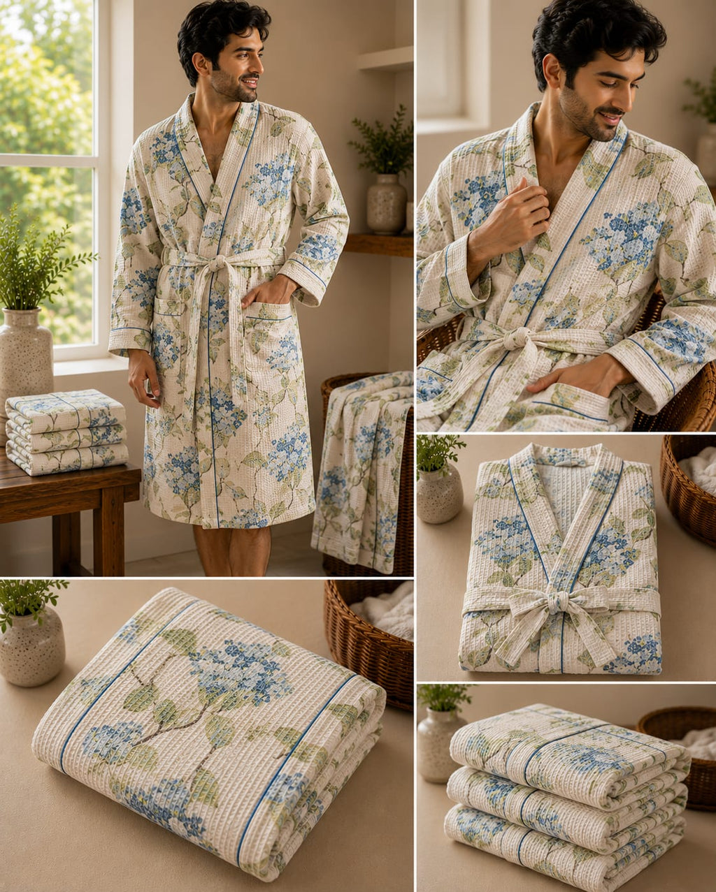 Ivory Hydrangea Trellis Unisex Cotton Waffle Bathrobe