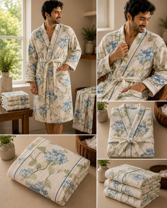 Ivory Hydrangea Trellis Unisex Cotton Waffle Bathrobe