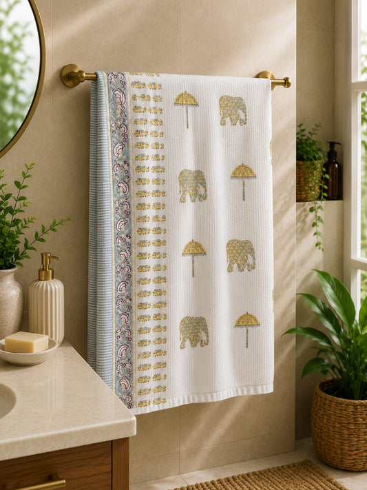 Mustard Elephant Umbrella Waffle Towel